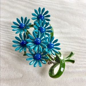 VTG Blue Daisy Floral Bouquet Metal Enamel Brooch